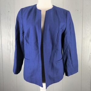 TALBOTS Linen Blazer Womens 10 Blue Open Front‎ Lined Classic Office Capsule